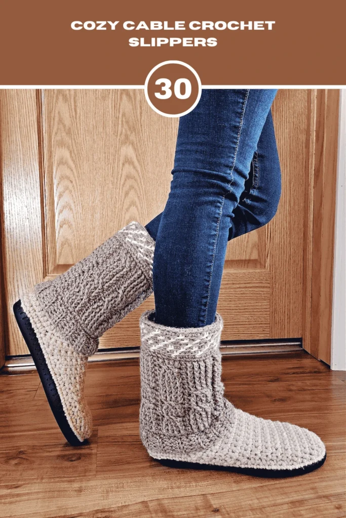 If you want texture and sophistication via gorgeous cable stitches, the pattern Cozy Cable Crochet Slippers pattern is just what you need. 