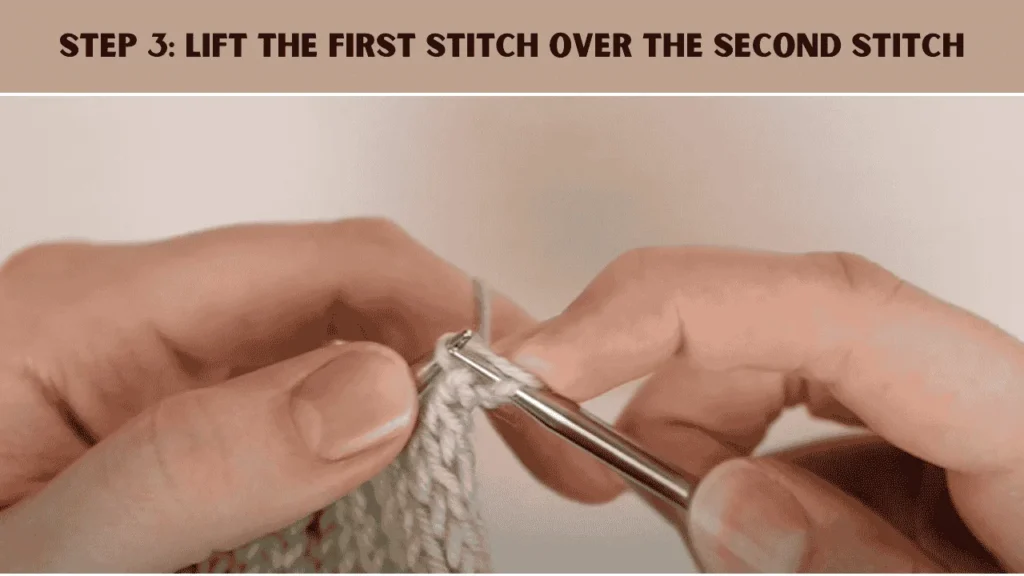 How To Cast Off Knitting Using The Strandard Cast Off? The 3rd step is to Lift the first stitch over the second stitch.